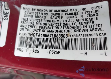 2007 Honda Civic Lx из США, поврежденный, VIN 1HGFA16567L083508